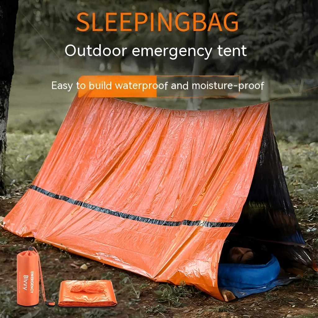 Emergency tent kit with sleeping bag and raincoat components for outdoor survival