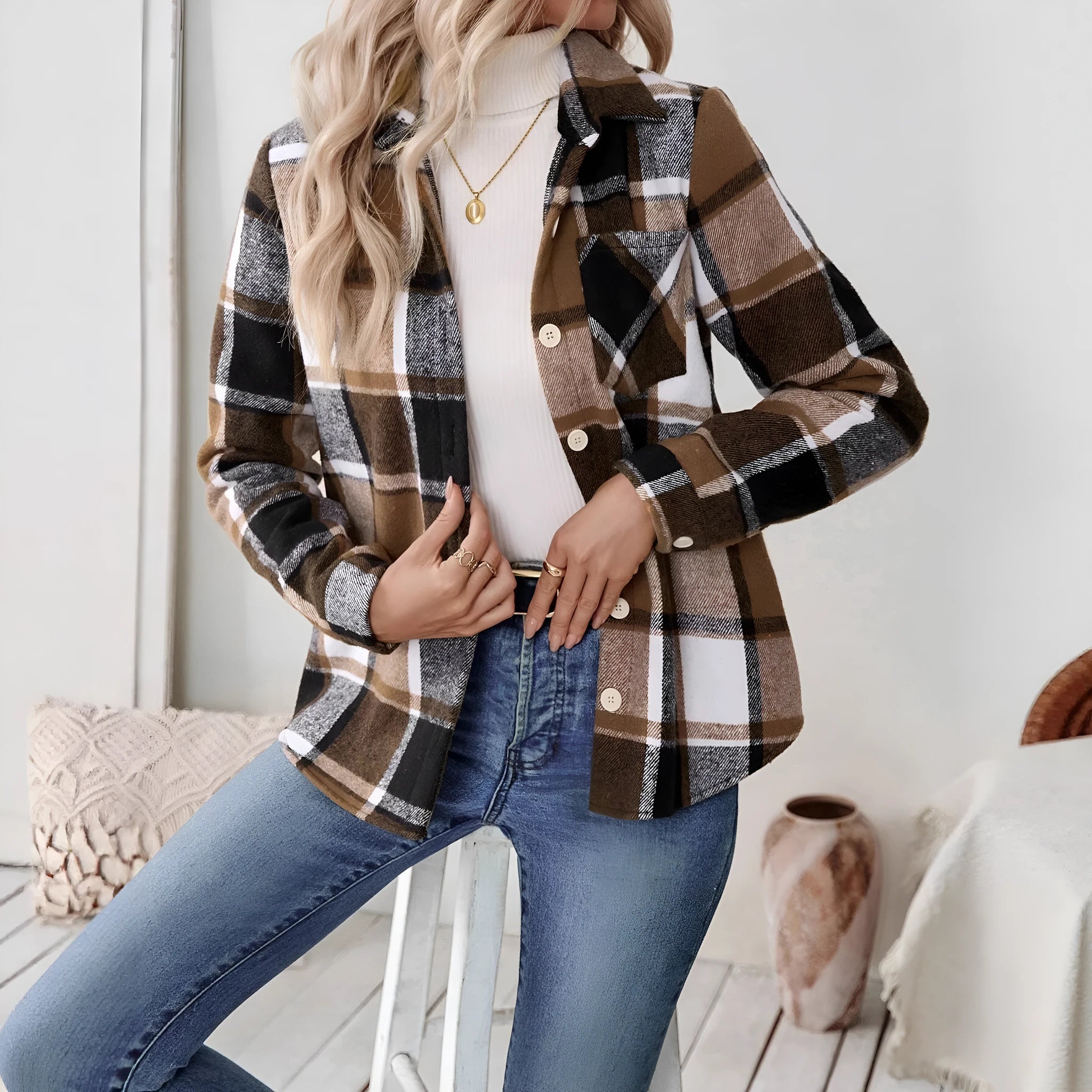Woven plaid button shirt collar jacket top in brown, polyester, with pockets, medium thickness, regular fit