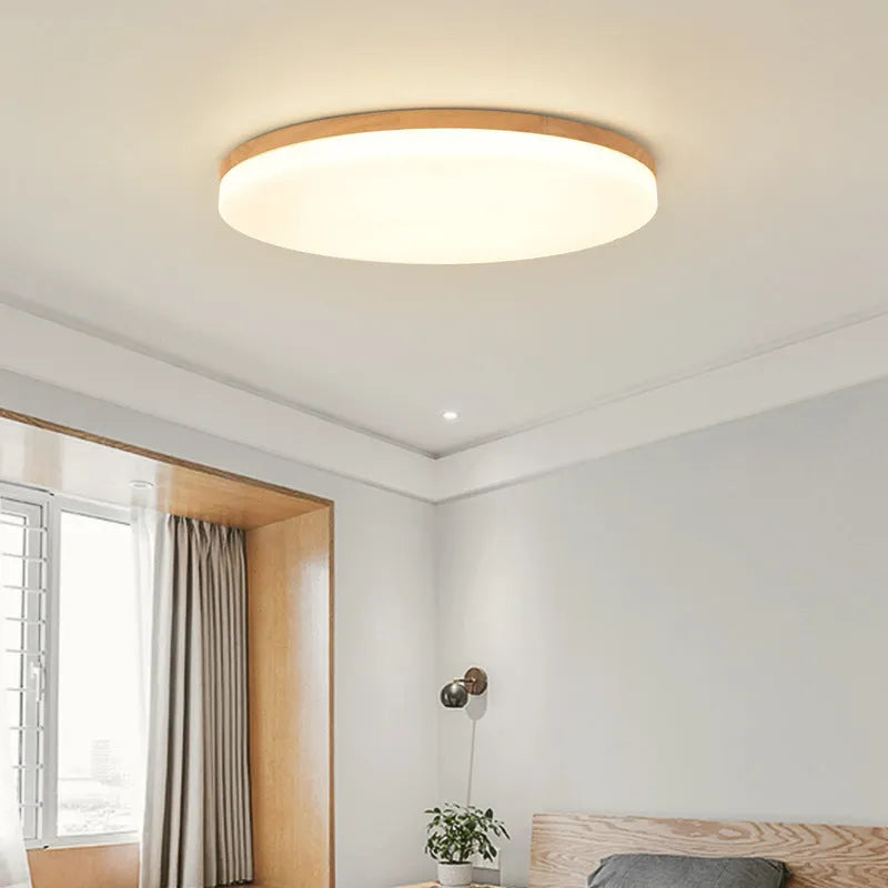 Japanese minimalist style LED ceiling light with wood art body and acrylic shade in three size options