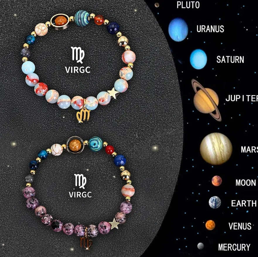 Two adjustable natural stone beaded bracelets with silver zodiac charms on a flat surface.