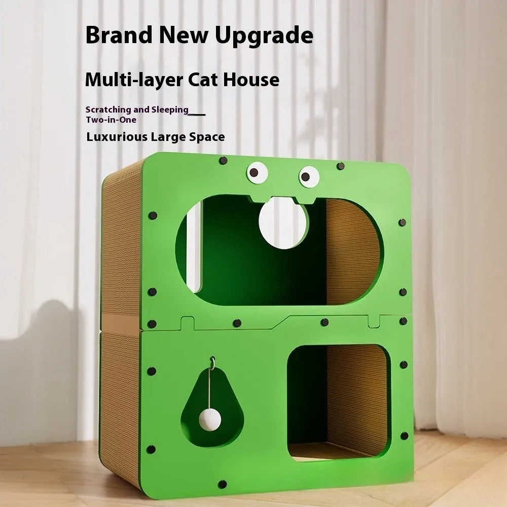 Double-layer cat scratching board combined with a cat nest bed in a primary colour, cute design.