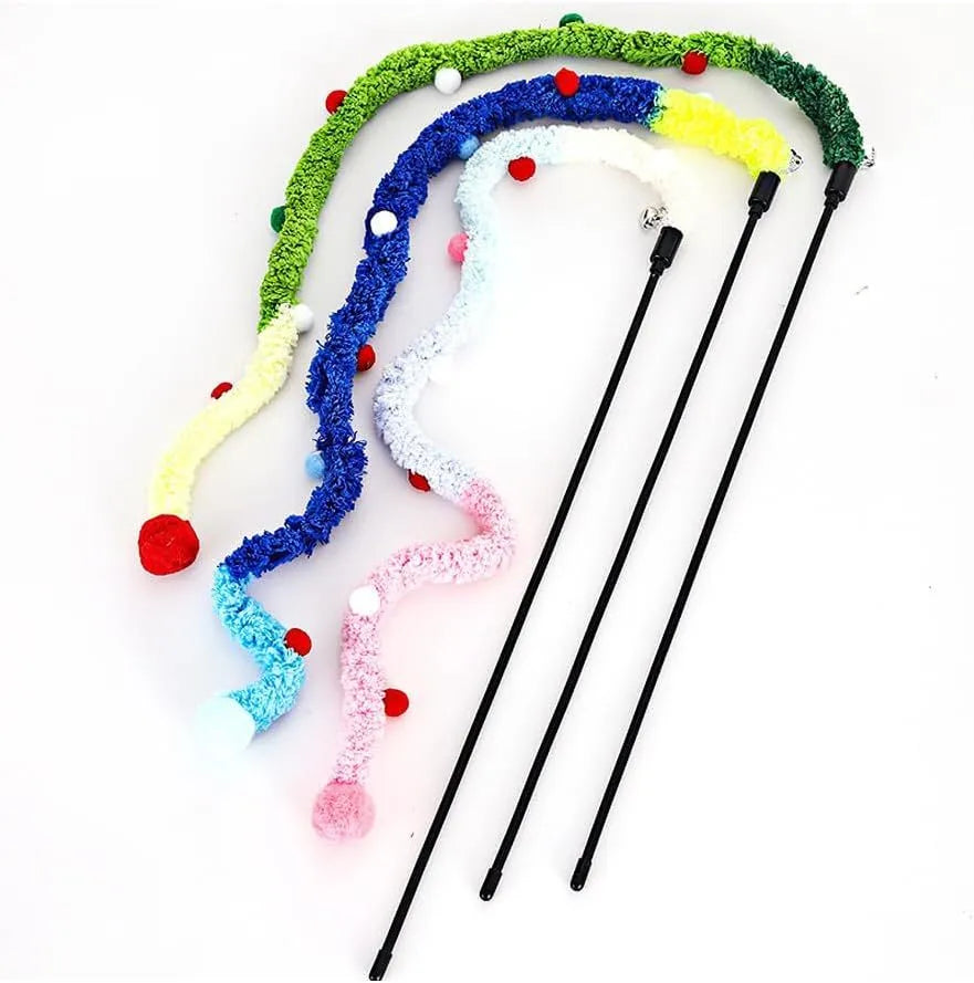 Blue green or pink cat wand toy with plush strip and bell for interactive indoor play