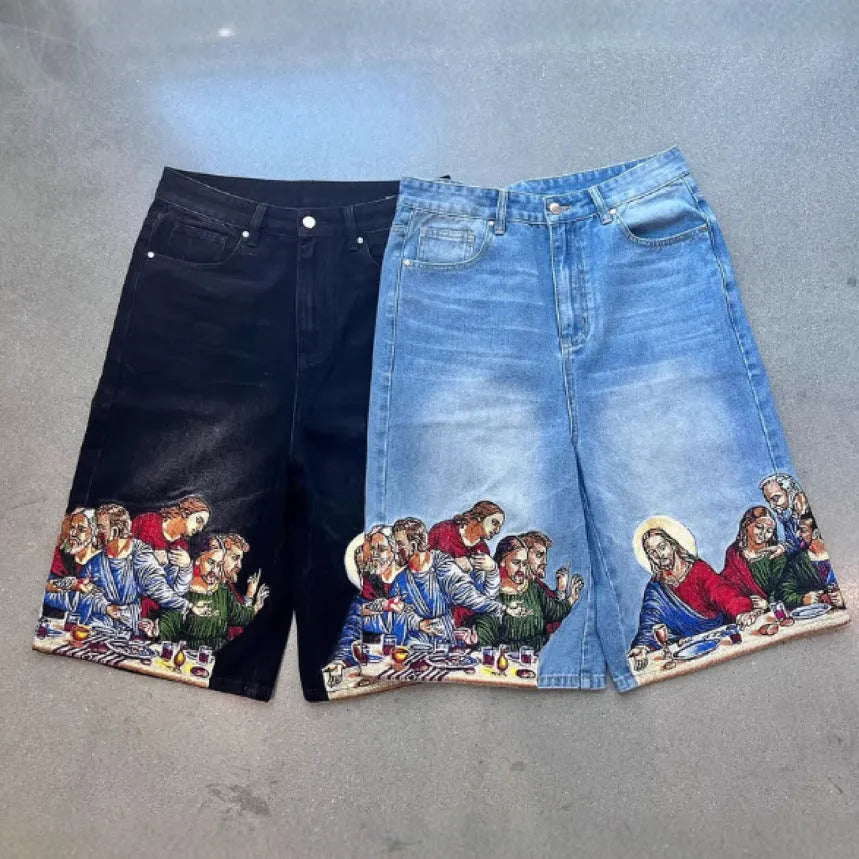 Blue men's tapered cotton shorts with a Jesus design printed on the back pocket.