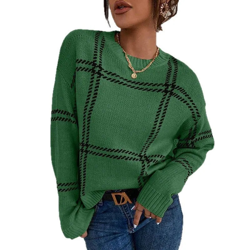 Women's casual crew neck sweater with plaid colour-block pattern in apricot, black, beige, red and green stripes