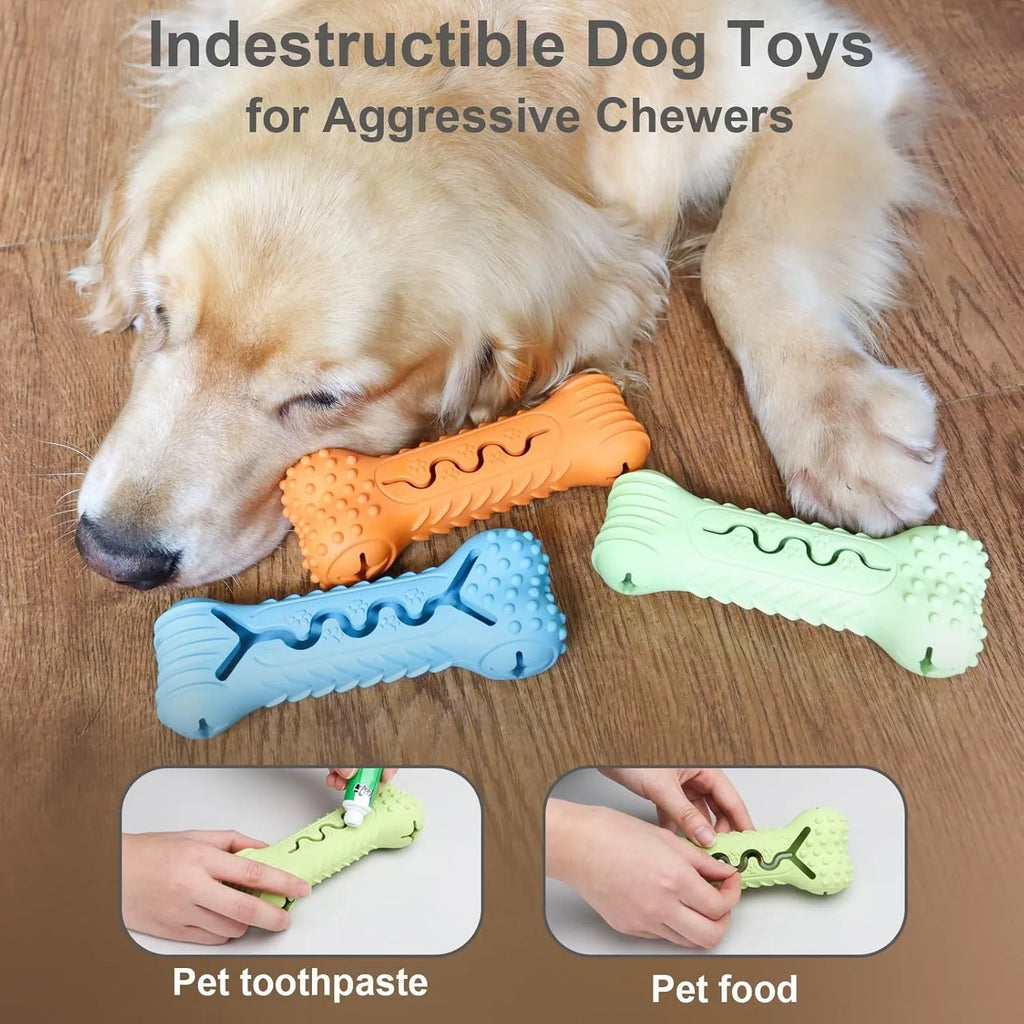 Blue bone-shaped natural rubber dog chew toy with textured surface on a white background.