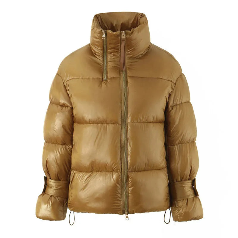 Gold women's puffer coat with stand-up collar and double zipper, straight fit, long sleeves