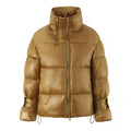 Gold women's puffer coat with stand-up collar and double zipper, straight fit, long sleeves
