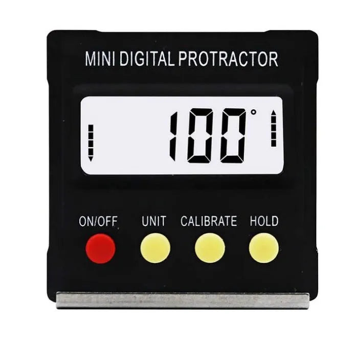 Black mini magnetic angle inclinometer, 55 x 55 x 16mm, 0.1° resolution, ±0.3° accuracy, 4×90° range.