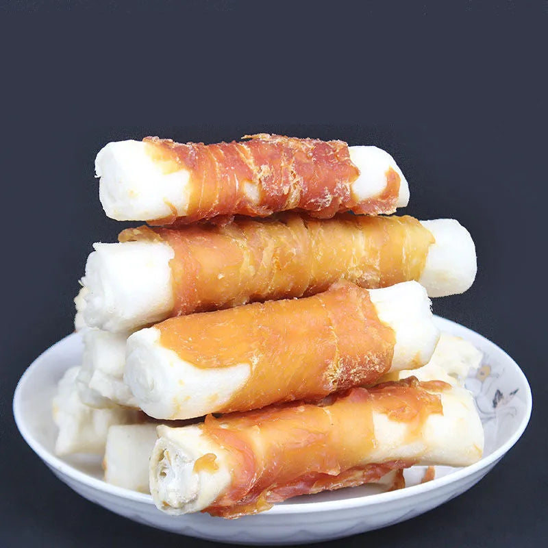 Chicken-wrapped cowhide dog chew rolls, small 3-piece 180g or large 200g