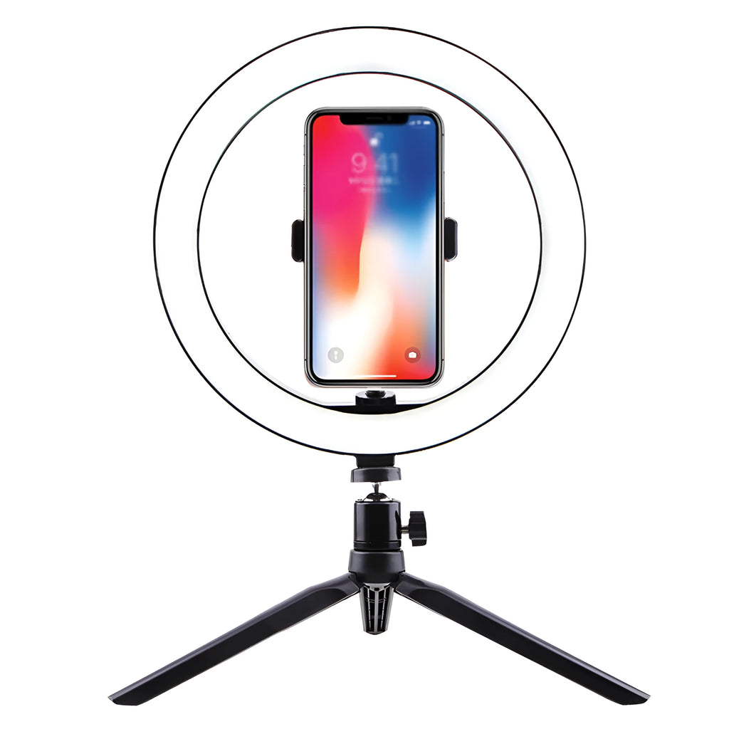 26cm LED ring light on tripod stand with phone clip and Bluetooth remote for smartphone desktop use