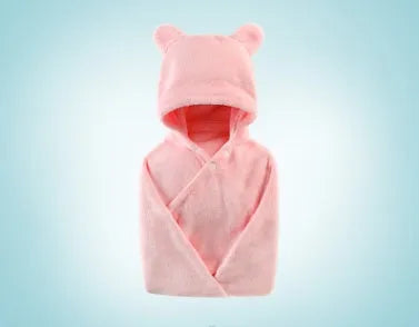 Soft cotton baby care hooded bath towel 65x110cm in pink with hood and border detail