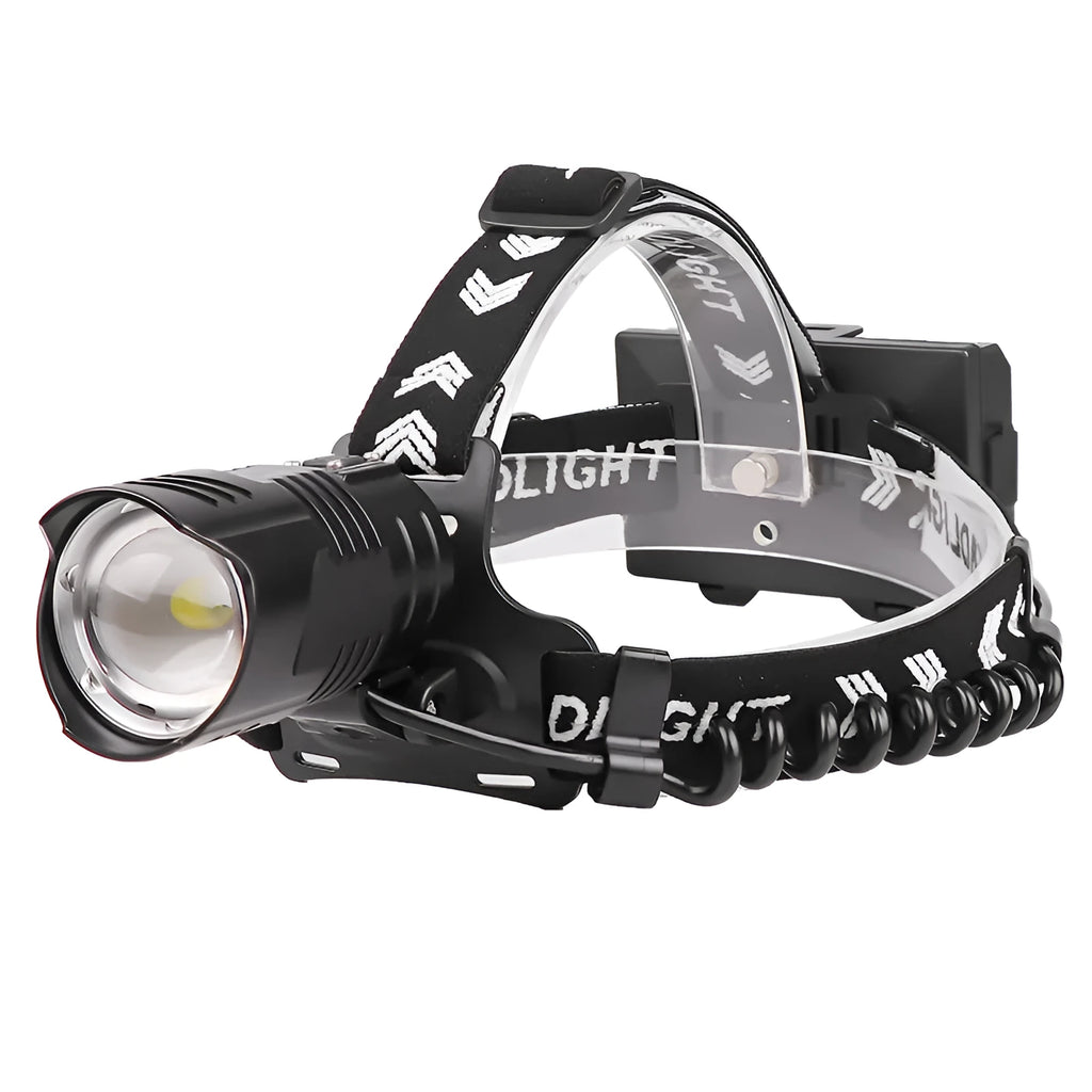 Black aluminium alloy USB rechargeable zoom headlight with telescopic adjustment and power display