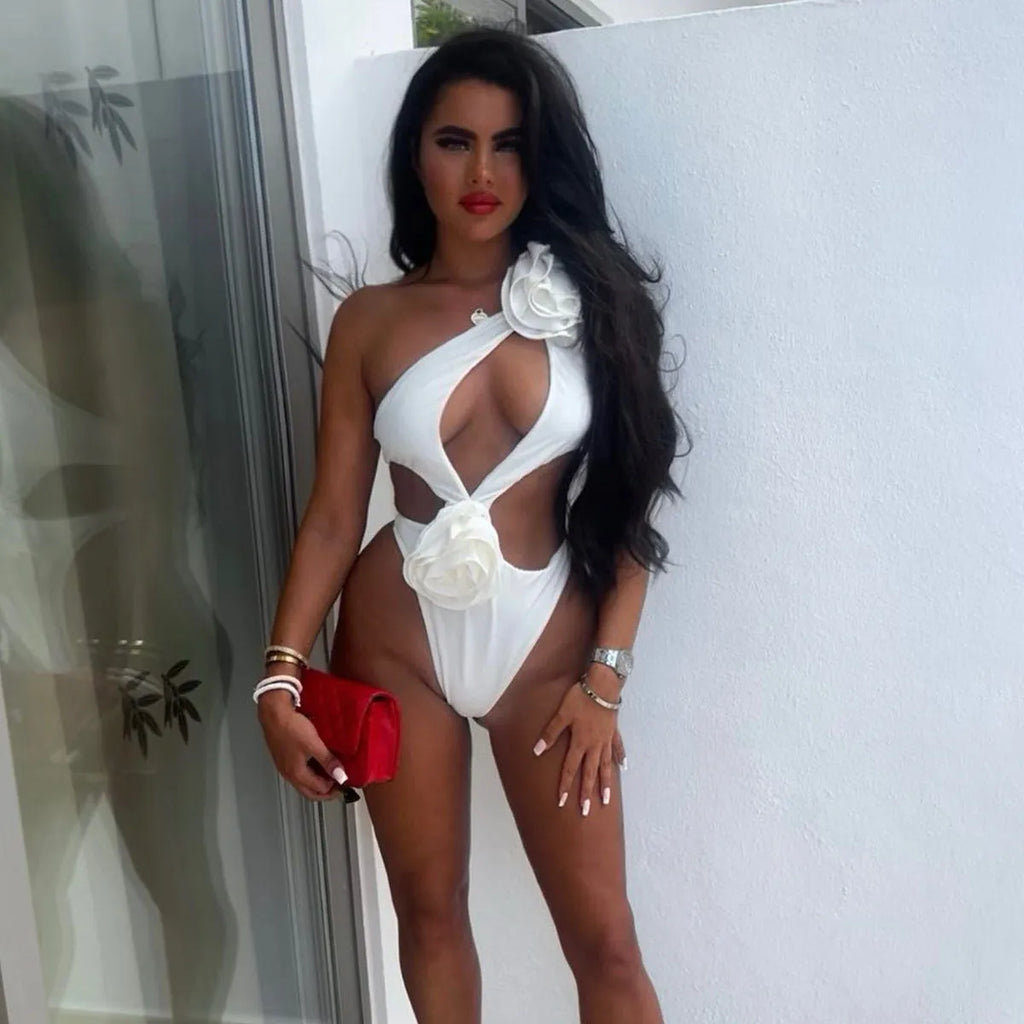 Women's one-piece swimsuit and short skirt set in red or white, polyester, sizes S M L