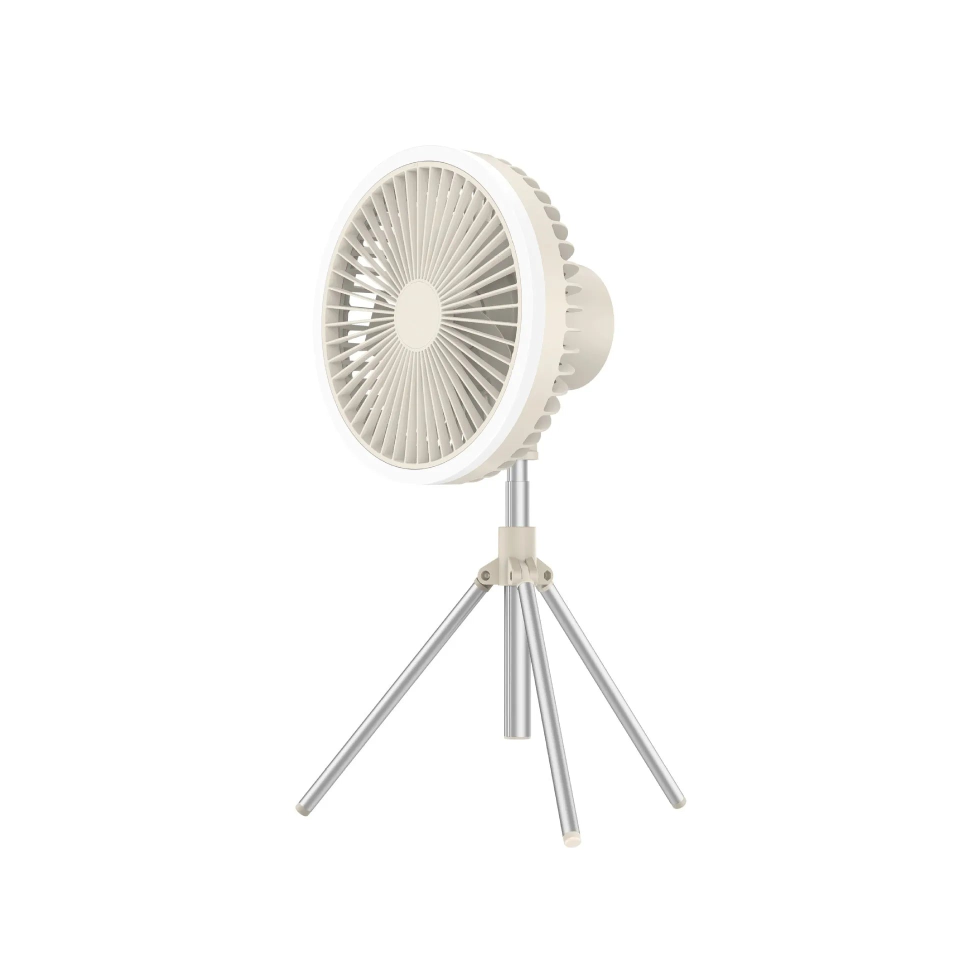 White USB rechargeable camping fan on aluminium tripod showing front view