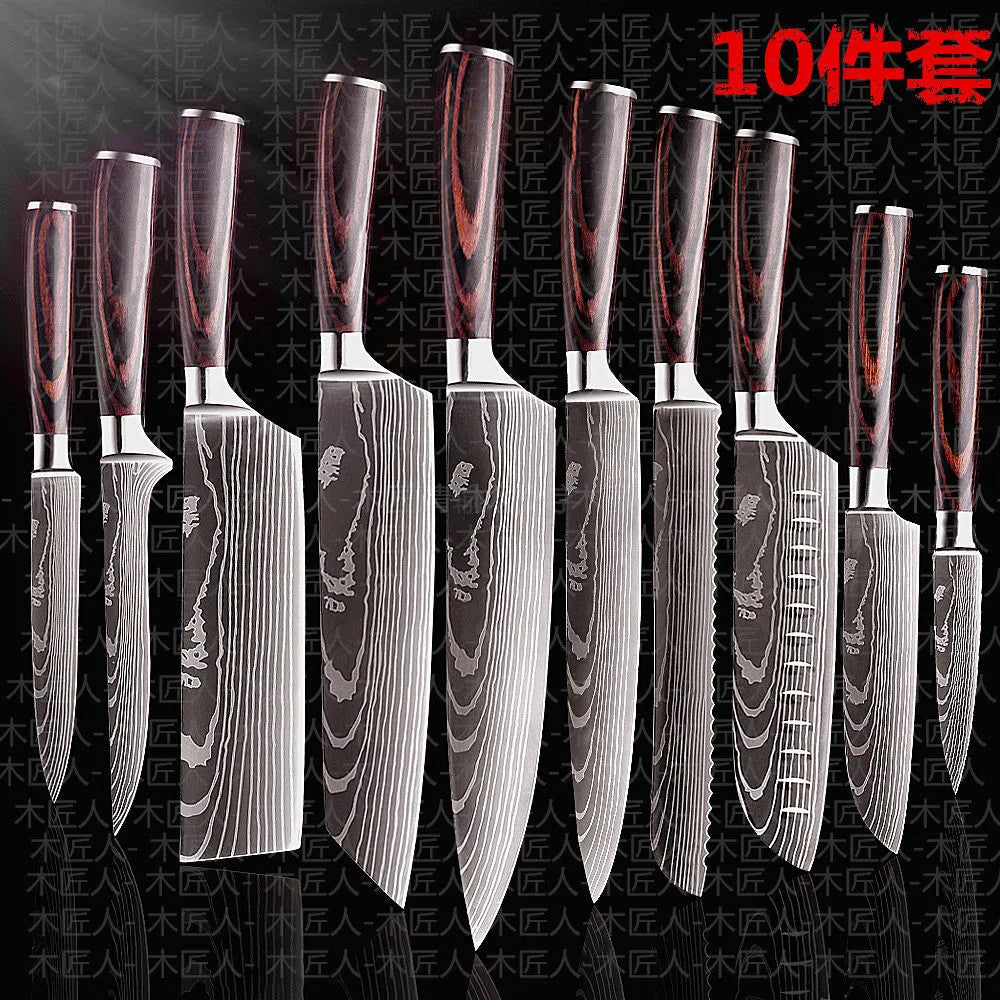 7CR17 stainless steel chef knife with laser Damascus pattern and colour steel handle