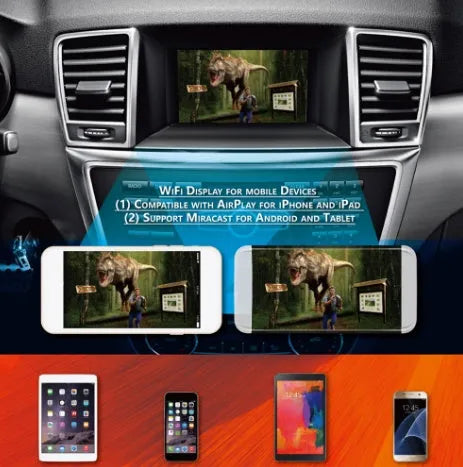 Black Car Mirror Link Box Wi-Fi AV converter kit with host unit, power cable, antenna, and AV cable