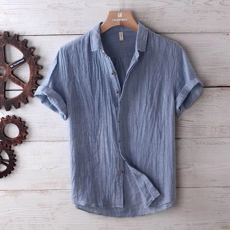 Men's solid colour retro distressed linen shirt in white with relaxed fit and button front