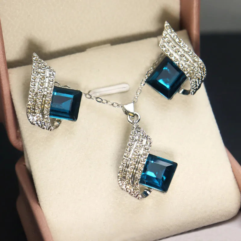 Women's electroplated alloy necklace and ear stud set with glass decoration pendant