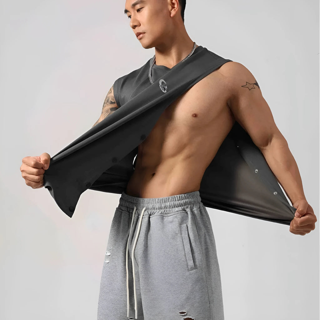 Korean style men's loose cotton fitness vest with hidden hook closures on both sides