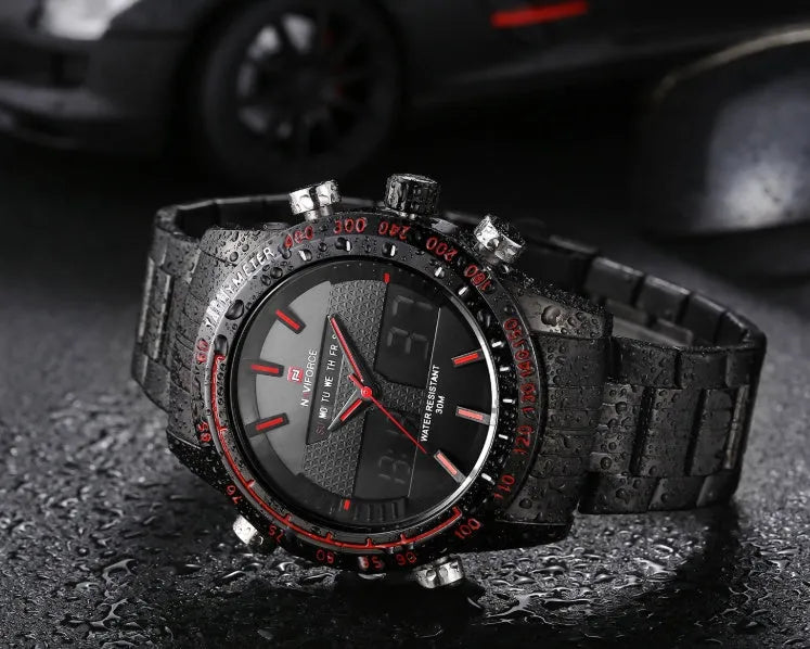 Kairos Naviforce men's sports watch with 46mm round black dial, alloy strap, and stainless steel pin buckle