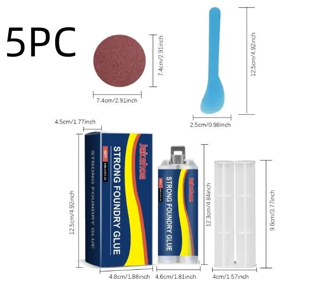 85 ml cartridge of two-part epoxy metal sealant with push rod, scraper, and sandpaper for metal repairs.