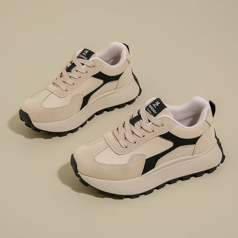Women's solid colour platform sneakers with front lace-up and mesh lining in card black, khaki red, or white grey.