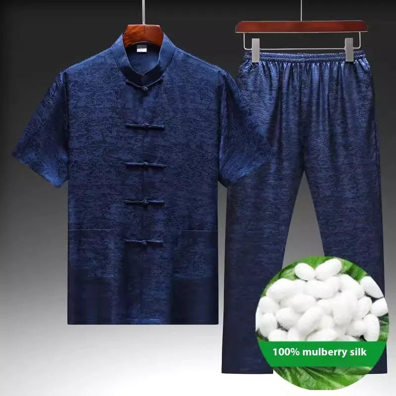 Mulberry silk Chinese Tang suit set in light green colour with traditional jacket and trousers