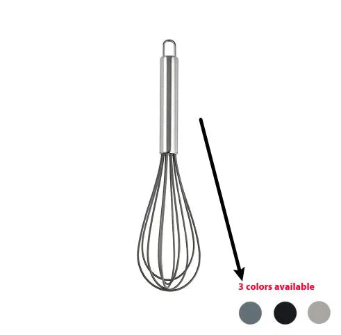 Black silicone kitchen utensil set with 12 tools stored in a rotating plastic storage bucket on a worktop.