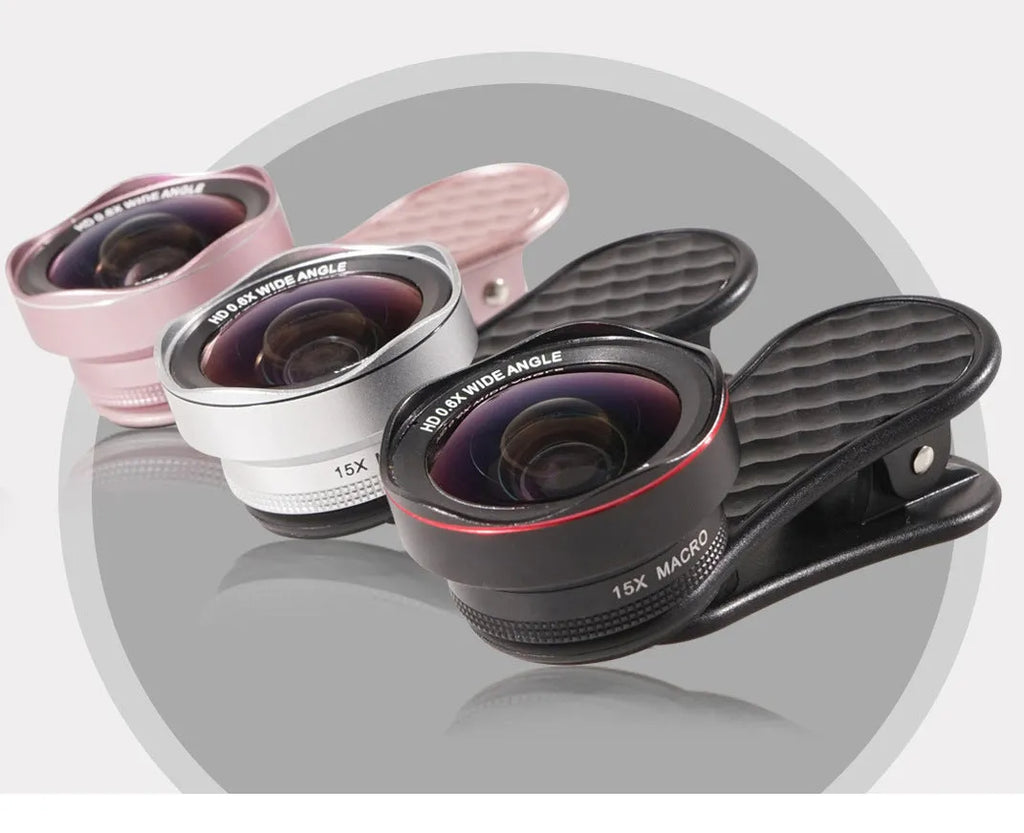 Black mobile phone wide-angle and macro external lens kit with mounting clip and storage box.