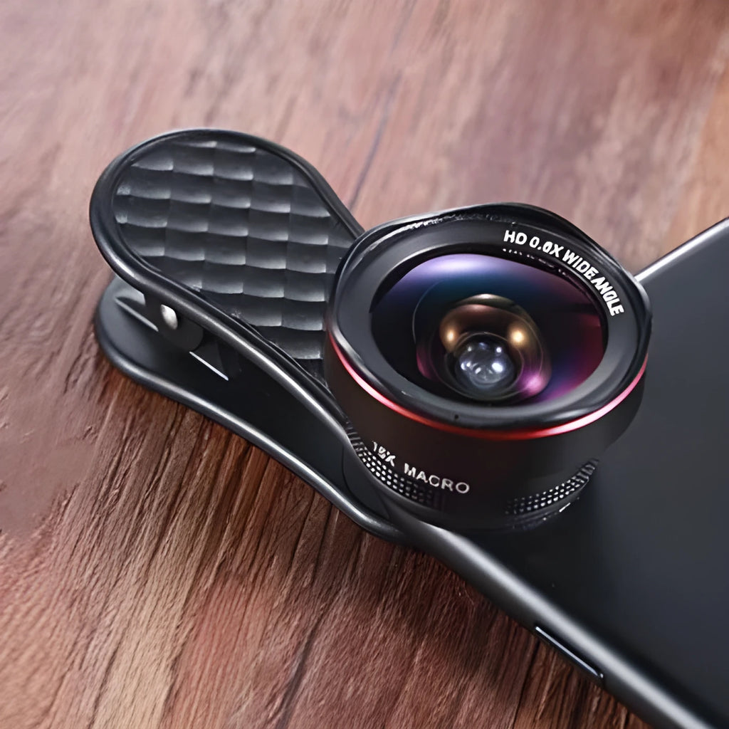 Black mobile phone wide-angle and macro external lens kit with mounting clip and storage box.