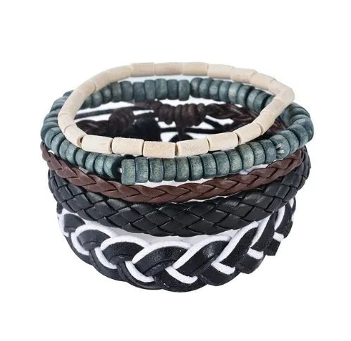 Handwoven adjustable leather bracelet with multilayer wooden beads and rope for a vintage punk style.