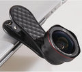 Black mobile phone wide-angle and macro external lens kit with mounting clip and storage box.