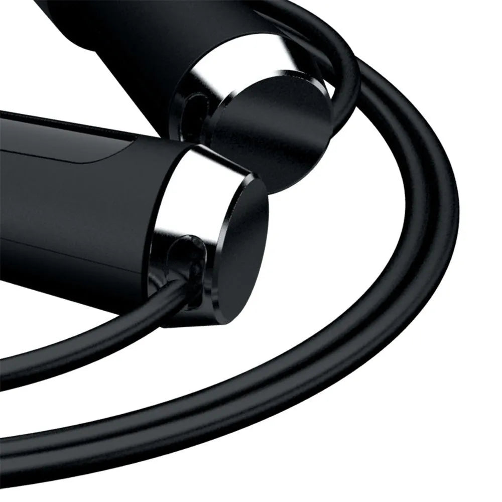 Smart Bluetooth counting skipping rope with LCD display, adjustable 3m PVC rope and black orange ABS stainless steel EVA handles.