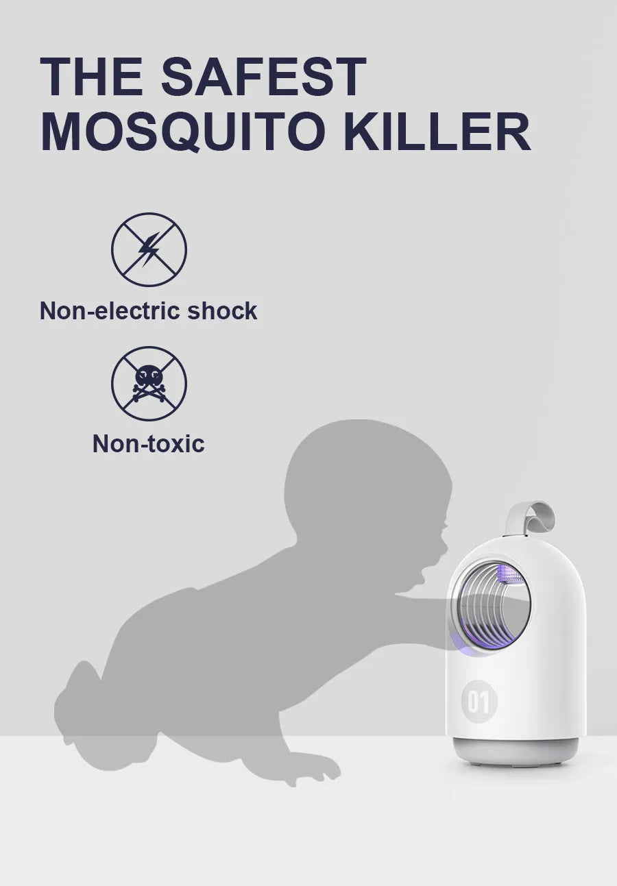 White or blue indoor mosquito killer lamp with UV light, suction fan, silicone handle, and USB cable.