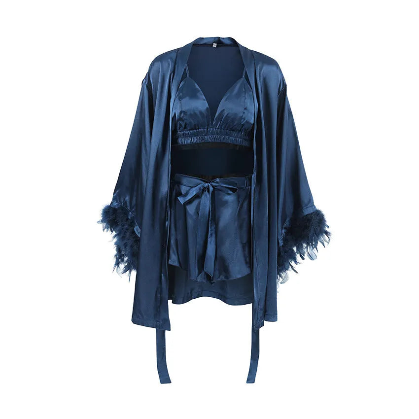 Feather trim satin nightgown and shorts set in black, blue, and white for women
