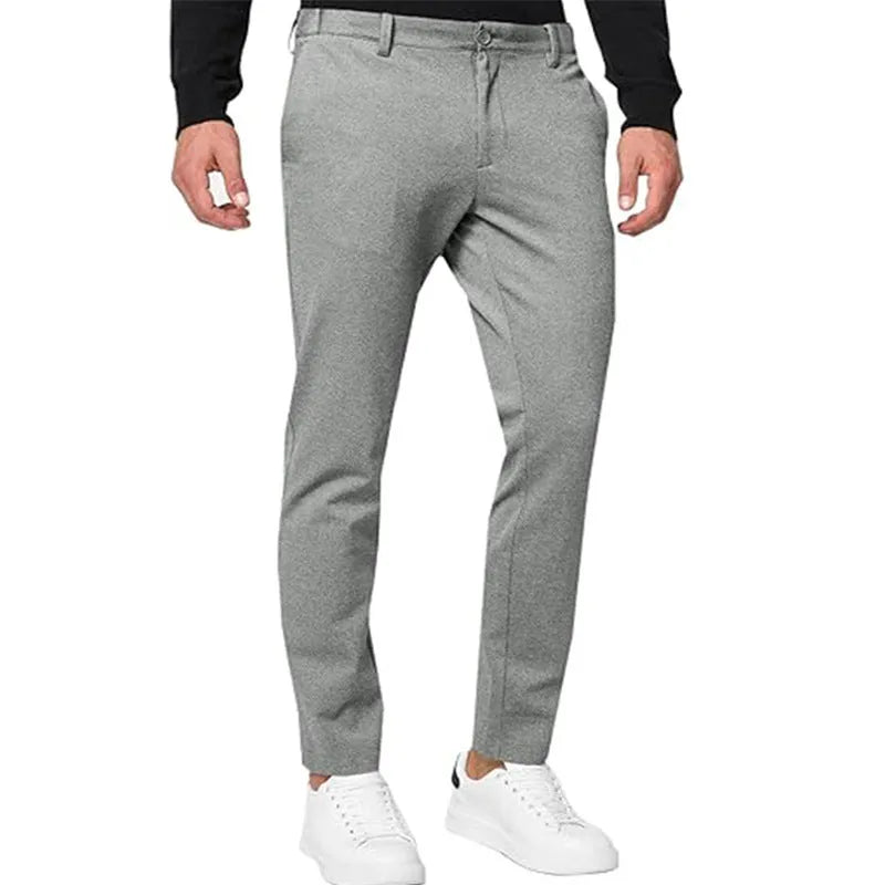 Men's tapered chino trousers in black stretch cotton blend fabric with zip fly and slim-fit silhouette