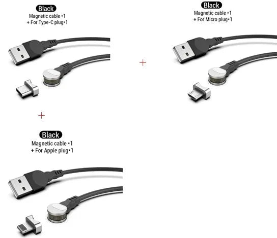 Rotating magnetic three-in-one charging cable with blind magnetic connector in 1m length, black colour, with interchangeable Apple, Type-C, and Android heads