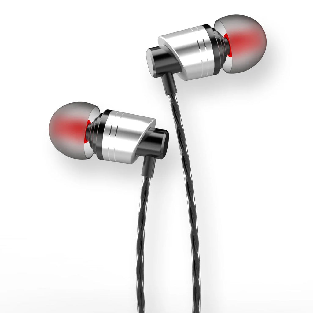 Wired in-ear headphones with microphone on black, blue, and red TPE cable connected to a 3.5mm plug.