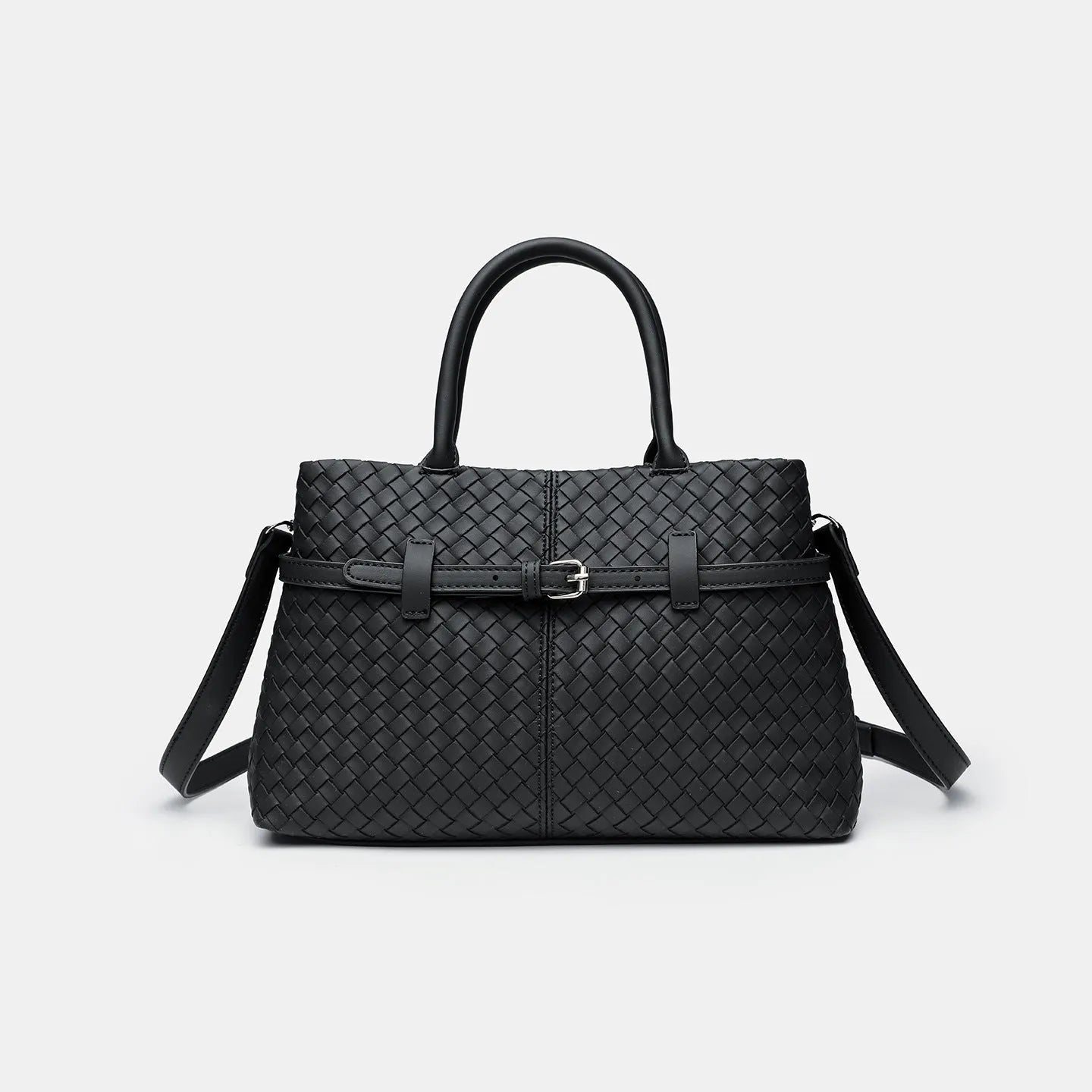 Simple commute large capacity woven pattern bag for women in beige, PU material, horizontal square shape with double shoulder straps