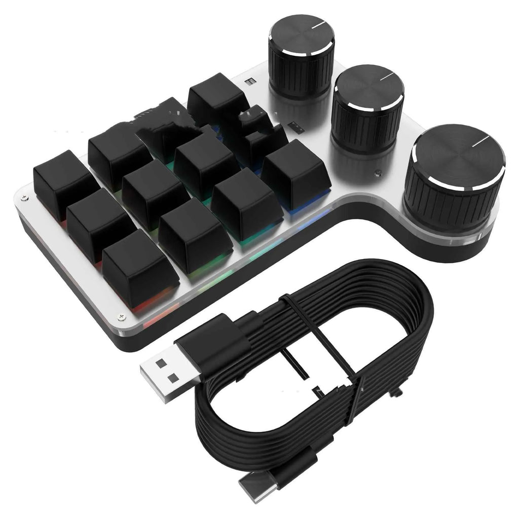 Bluetooth custom shortcut keyboard with 12 keys 3 knobs RGB backlighting black plastic office keyboard