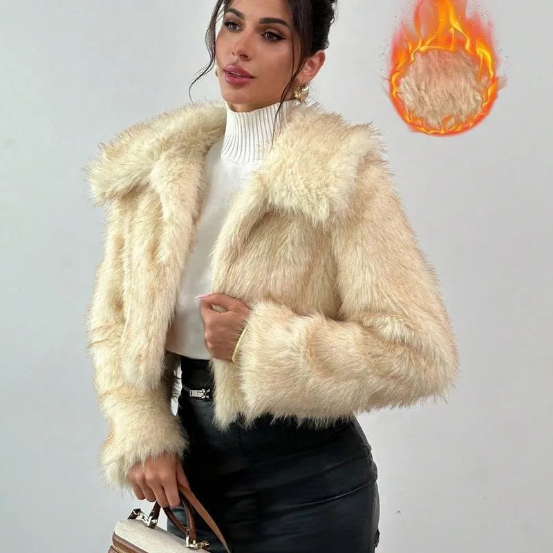 A woman's short-length artificial fur coat with a faux fur collar in a plush grey Maojian tea colour.