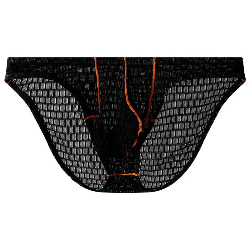 Men's ice silk lace briefs with low waist design in white, black, green, rose red, and light purple colours