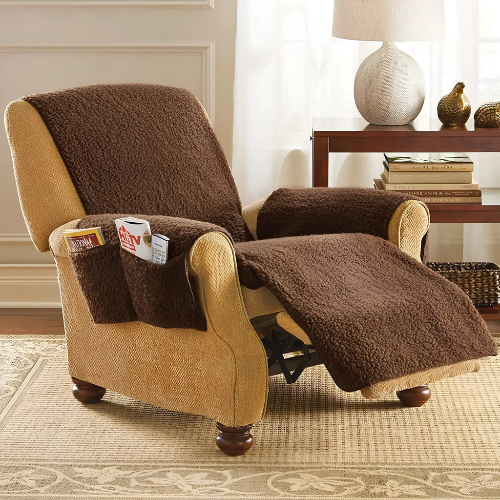 Stretchable polyester sofa cushion cover in lamb wool beige colour on a cushion.
