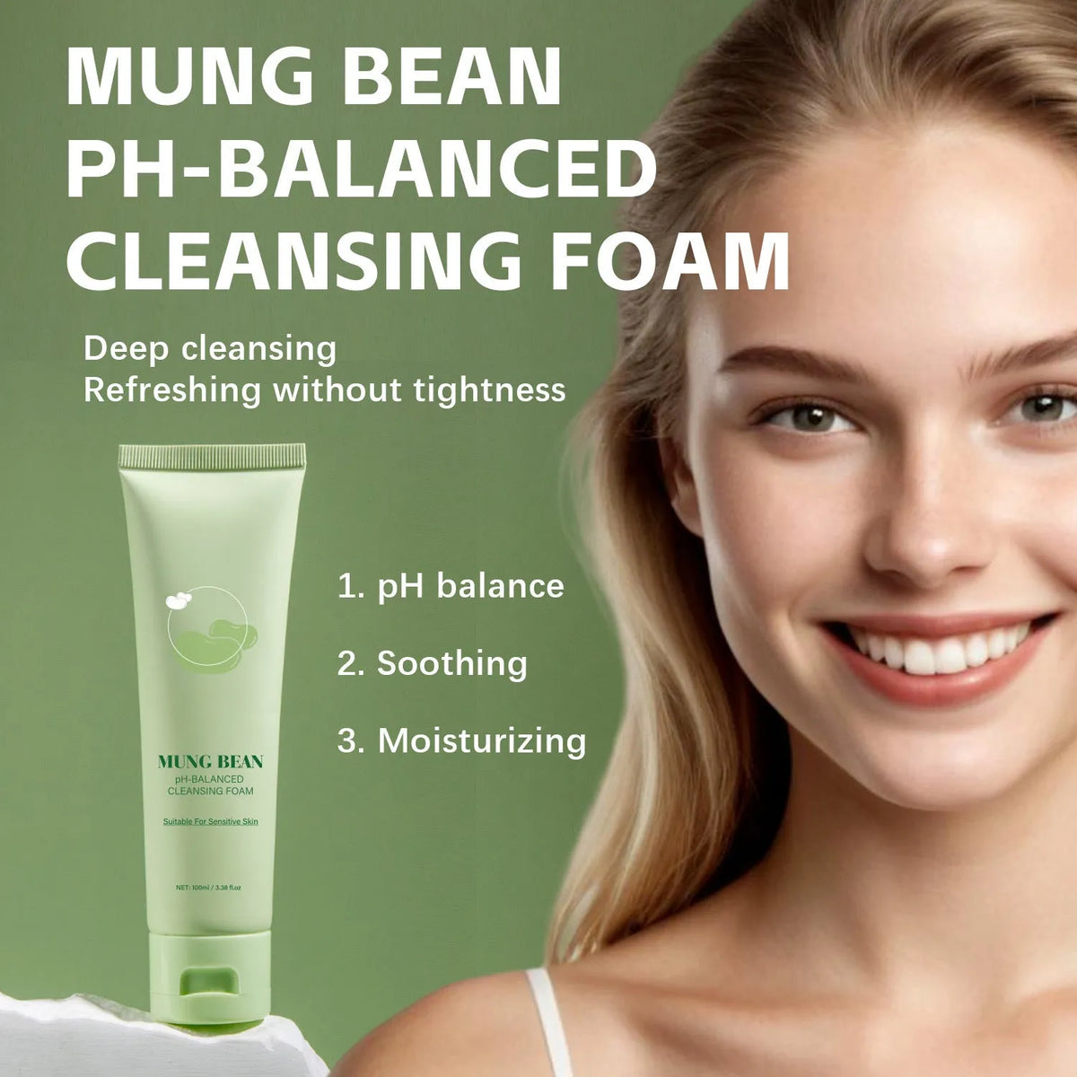 Mung bean pH balance cleansing foam 100ml facial wash for daily makeup removal and general population use