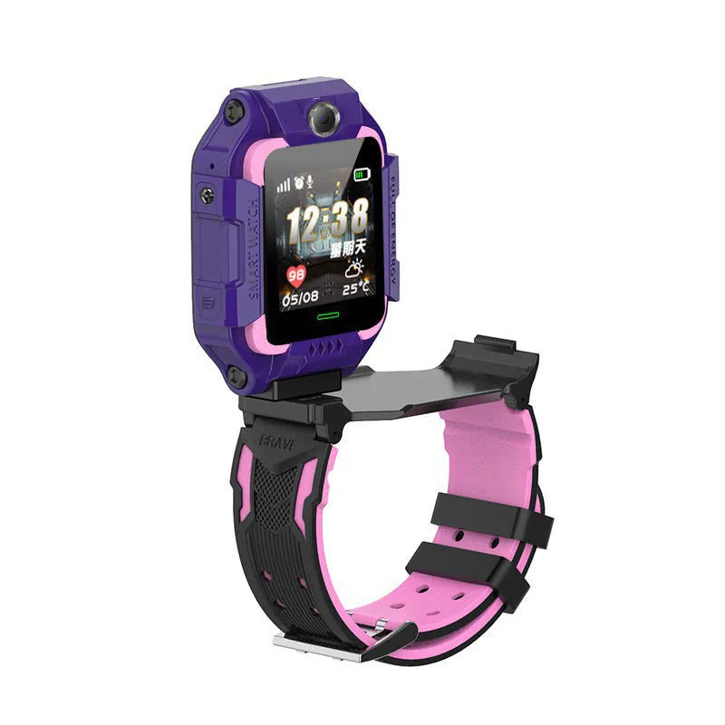 Children's smart watch with dual cameras, SOS button, and touch screen on a child's wrist