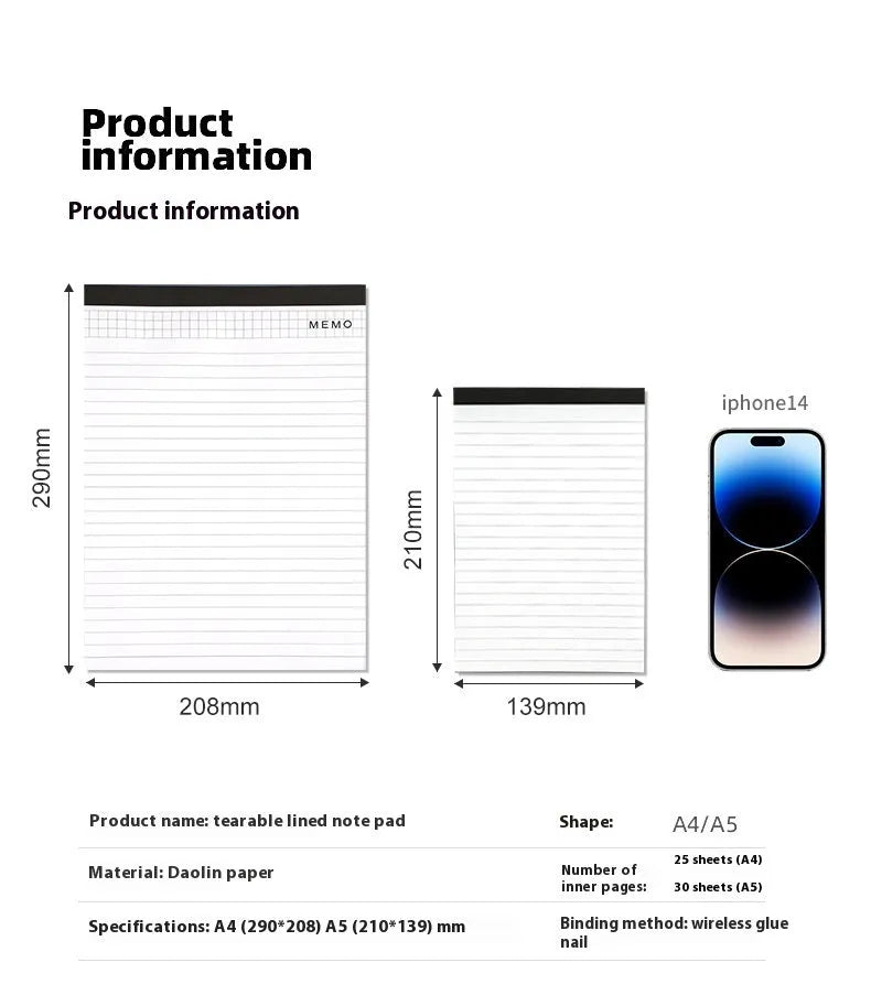 A4 tearable notebook with soft cover open to show gridded ivory white paper inside.
