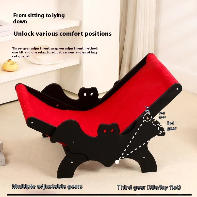 Black and red Halloween-themed wooden cat recliner bed with slatted frame.