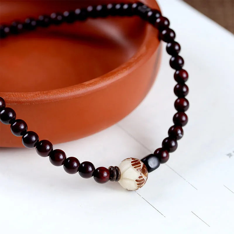 Natural rosewood retro bracelet with flower beads in knitted construction, showing both double circle and single circle colour options
