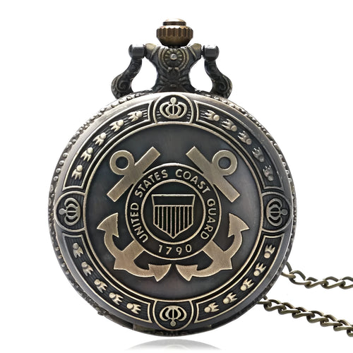 Bronze United States Coast Guard 1790 pocket watch with chain on light background