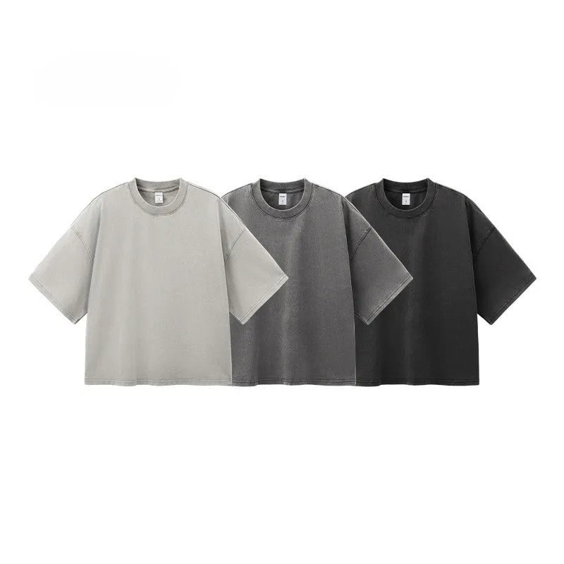 Men's vintage wash cotton T-shirt in khaki colour with loose fit and drop-shoulder sleeves